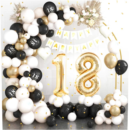 Dagelar 18th Birthday Decorations for Black Gold Sand White,18th Birthday Balloon Arch Garland Kit With Champagne Gold Number 18 Foil Balloons,Happy Birthday Banner for Girl Boy 18th Birthday Party Decoration