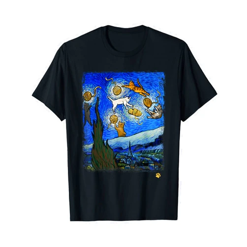 Cute And Funny Cat Shirts Zajoo Starry Night Cat Art Parody Van Gogh Funny Cat Lover T-Shirt for Men Women Girls Kids