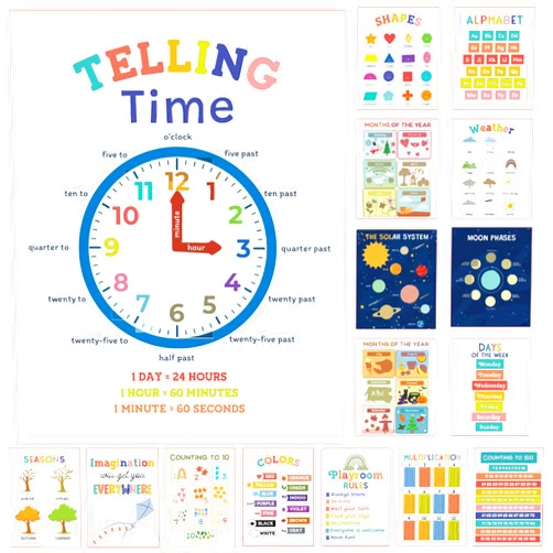 bqw Laminated Educational Posters for Kids, Set of 16, Learning Charts for Toddlers, Preschoolers & Kindergarten, Classroom Decor