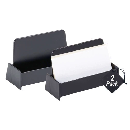1InTheOffice Business Card Holder Desk , Black Plastic Desk card holder, Desktop Name Card Organizer, Desktop Card Display, 2 Pack