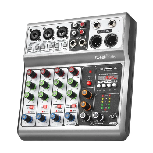 Aveek Professional Audio Mixer, Sound Board Mixing Console with 5 Channel Digital USB Bluetooth Echo Delay Effect, Input 48V Phantom Power Stereo DJ Mixers for Recording, Live Streaming, Podcasting