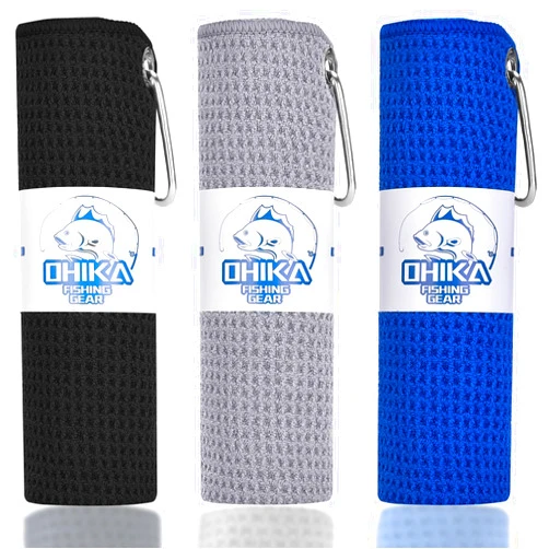 OHIKA Microfiber Fishing Towels with Clip, Waffle Pattern for Effective Cleaning of Fishing Gears or Dirty Hands, 16” x 16”, Camping Towels, Hiking Towels, Pack of 3 (Black/Grey/Blue)