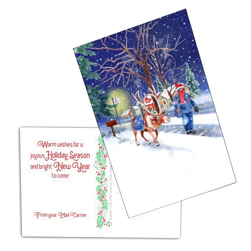 FoxFern Mail Carrier Postal Cards Auxiliary Help - Mail Carrier Thank You Postcard -City Carrier Walking with Reindeer (Pack of 50 Postcards)