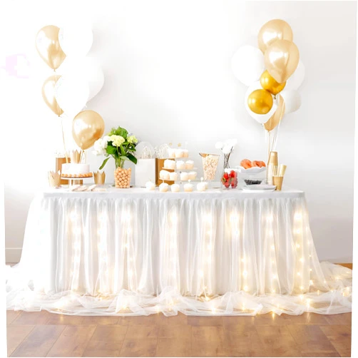 Leegleri White Tulle Tutu Table Skirt for Baby Shower Wedding,Birthday Party,LED Rectangle or Round Tablecloth for Gender Revel or Baptism (14 ft table skirt), L 14(ft)xH 30in