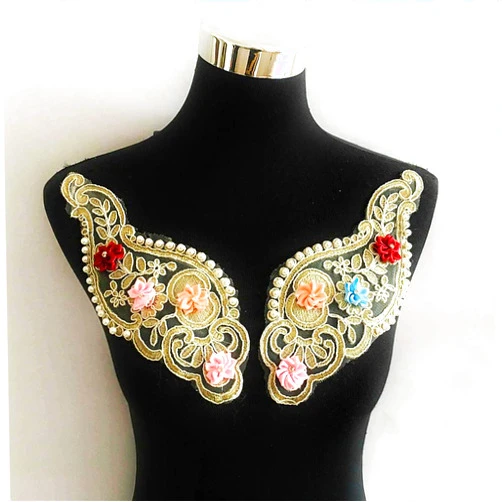 BLINGBO Colorful 3D Flower Embroidery Patches Beaded Sequins Flower LACE Patch Sewing Bridal Veil Wedding Dress DIY Wedding Dress Floral Costume Patch Decor (03 )