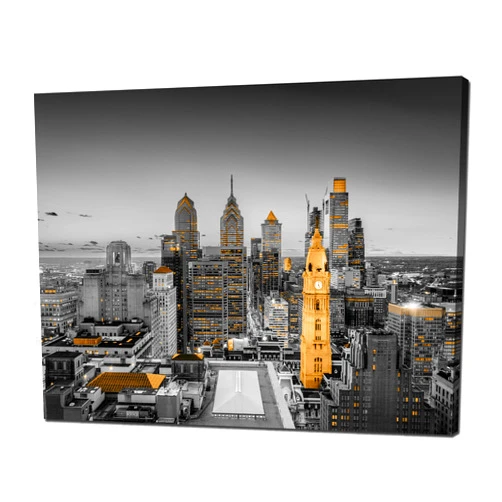 Cawpom Philadelphia Skyline Wall Art USA Pennsylvania Cityscape Wall Decor Picture Canvas Print Black and White Painting Poster Framed Home Living Room Bedroom Decoration Artwork(16x12 inches)