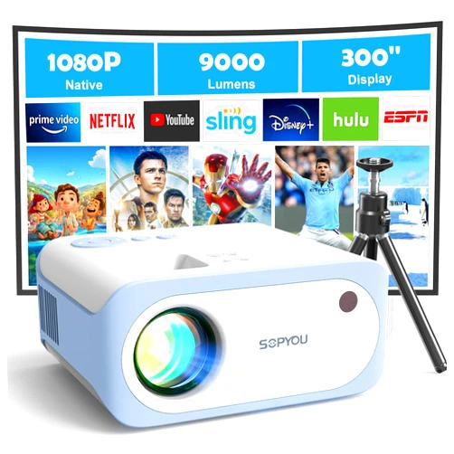 SOPYOU Mini Projector, Native 1080P Full HD 9000L SOPYOU Movie Outdoor Projector 4K Supported, Video Mini Portable Projector for HDMI, USB, Laptop, TV Stick, PS5, IOS & Android, U Disk