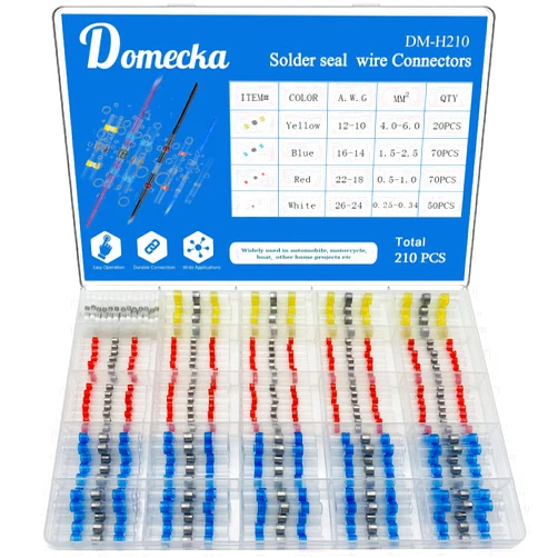 Domecka 210PCS Solder Seal Wire Connectors Heat Shrink Solder Butt Connectors Waterproof Solder Connector Kit Insulated Automotive Electrical