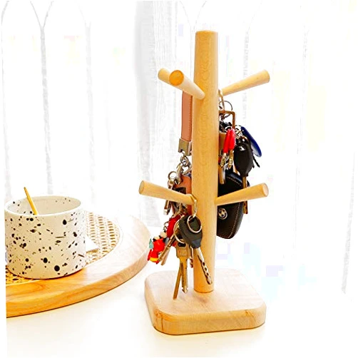 Hooshion Wooden Key Holder Rack, Tabletop Key Holder Stand, Wooden Coffee Cup Holder Coffee Cup Holder with 6 Hooks, Key Storage Rack, for Home Bedroom Entrance Office