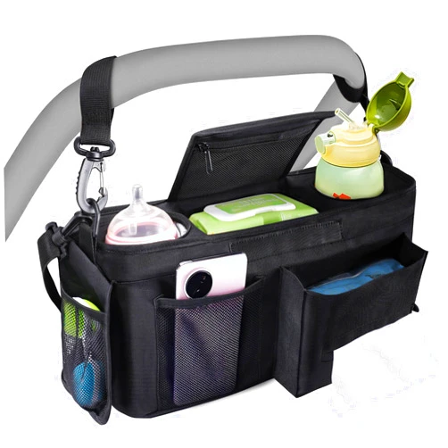 INFANZIA Universal Stroller Organizer with Insulated Cup Holders, Adjustable Stroller Caddy with Phone Bag & Shoulder Strap, Baby Stroller Accessories Fits for Uppababy, Doona, Jogger, Britax (Black)