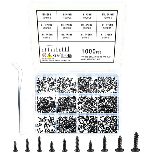 Wugongshan 1000 Pcs Small Pan Head Screws Assortment Kit, Micro Tiny Electronic Self-Tapping Machine Screws for Glasses Watches Phone Electronic Repair Screws