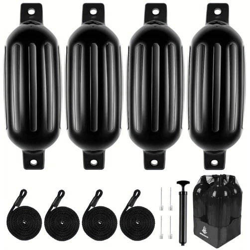 Dreizack Boat Fenders 4 Pack, Boat Bumpers for Docking with 4 Ropes, Inflatable Ribbed Marine Pontoon Boat Fender Bumper for Docks with 1 Storage Bag, 1 Air Pump and 4 Needles