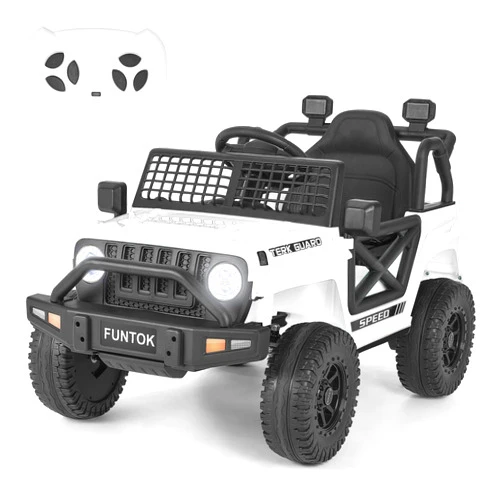 FUNTOK Kids Ride On Truck, Upgraded 12V 7AH Electric Car w/Parent Remote Control, Wide Seat, 3 Speeds, Spring Suspension, LED Lights, USB, Bluetooth, Battery Powered Vehicles for Kids to Drive (White)