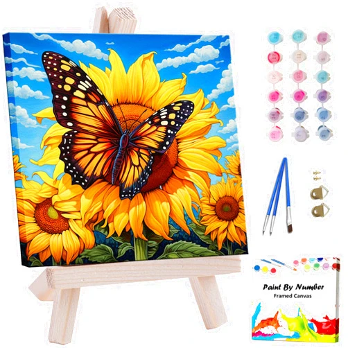 Artunion Framed Paint by Numbers Kit for Adults Beginners & Kids Ages 8-12,Sunflower Butterfly Paint by Number with Frame,Floral Paint by Numbers Kit on Canvas 10 * 10 Inch Without Easel