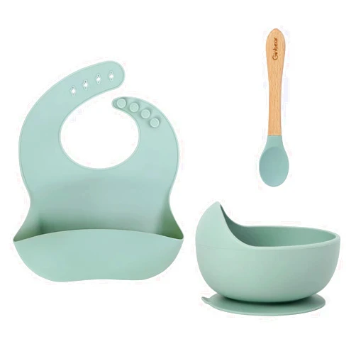 Ginbear Baby Bowls with Suction First Stage, Silicone Bibs, Baby Feeding Spoons, Baby Led Weaning Supplies for Ages 6 Months+ (Hazy Green)