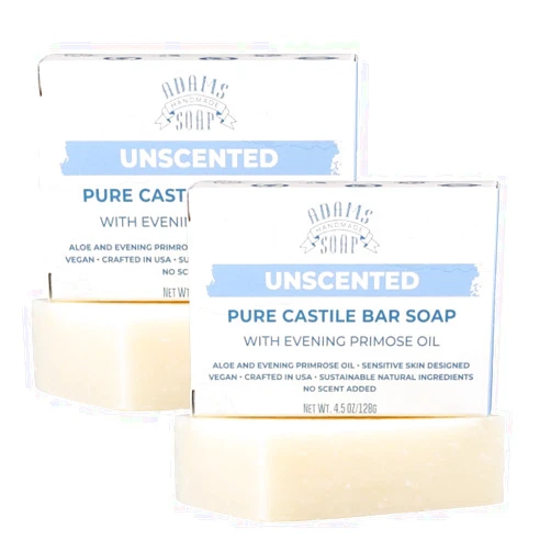 Adams Handmade Soap Unscented Pure Castile Bar Soap – 4.5 oz | With Evening Primrose Oil | Vegan, Cold Process, 84% Organic, Fair Trade, No Fragrance, Sensitive Skin Safe, USA Made