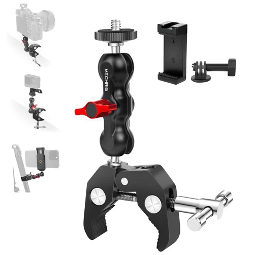 Mechrig Camera Clamp Mount with Dual Ballhead Magic Arm, Aluminum Camera Mount Super Clamp Kit for DSLR Action Camera/Phone/Monitor/LED Light/Microphone, for Desk/Tripod/Tube/Crossbar (SY001)