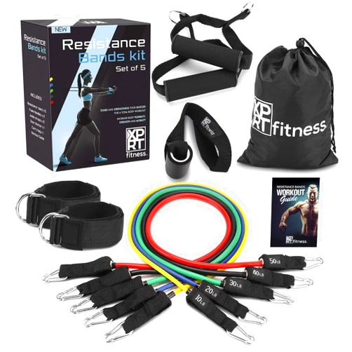 XPRT Fitness Resistance Bands Set - Home Fitness Accessories with Handles, Door Anchor and Elastic Ankle Straps - All Exercise Levels for Arms, Legs, Shoulders, Chest, Butt and Glute - Set of 5
