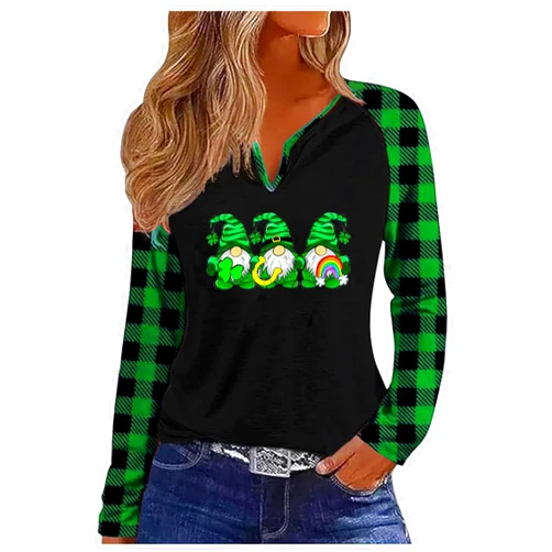 CHUNTIANRAN St. Patrick's Day V Neck T Shirts for Women Lucky Irish Shamrock Graphic Shirt St Patty's Day Long Sleeve Gift Tees Tops