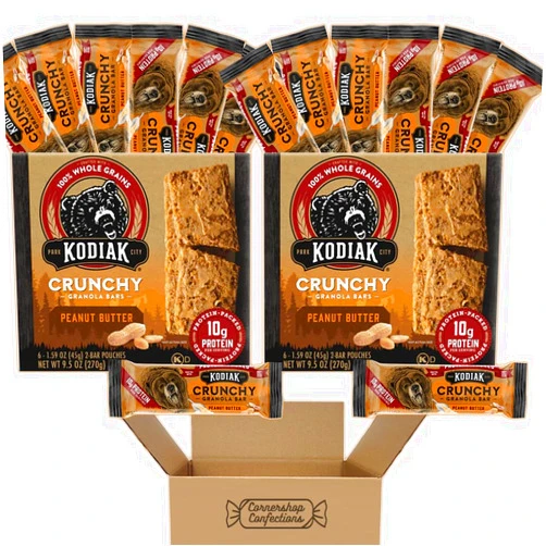 Cornershop Confections Kodiak Cakes High Protein Peanut Butter Crunchy Granola Bar 12 Pack - 24 Bars - 12 2 Bar Pouches - Peanut Butter Granola Bars - Hikes, Sports Snack, On-The-Go Breakfast in Cornershop Confections Box