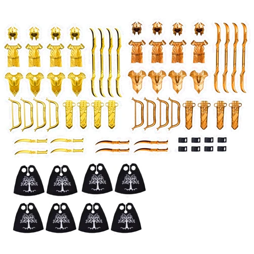 MAGMA BRICK Elf Metalic Gold and Rose Gold of Lances, Bows, Sword, Helm and Armour for Major Brand Building Block Minifigure 72 PCS