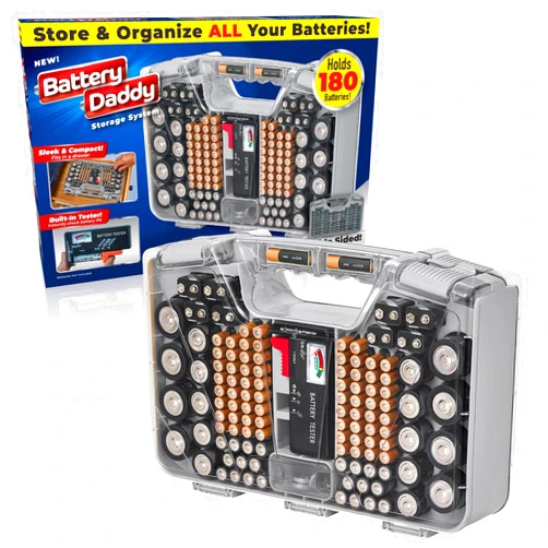 Ontel Battery Daddy Storage & Organizer Case with Tester, Stores & Protects Up to 180 Batteries, Double-Sided, Durable Design W/Clear Locking Lid, Secure Latches & Portable Carrying Handle- Warm Grey