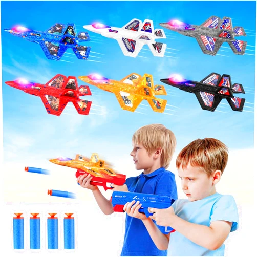 Buaerfy 6 Pack Airplane Launcher Toy with 2 Launcher,F-35 Foam LED Catapult Plane with 6 Stickers Kids Flying Toy,3 4 5 6 7 8 9 10 11 12 Year Old Boys Girls Gifts,Outdoor Sport Party Favor