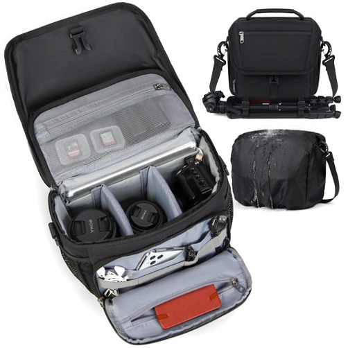 RAINSMORE Camera Bag, DSLR/SLR/Mirrorless Camera Case with Tripod Holder Waterproof Camera Sling Bag Crossbody Camera Bags for Photographers with Rain Cover for Canon/Nikon/Sony/Fuji, Black