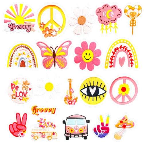 Yaveron 20Pcs Groovy Retro Hippie Iron on Patches Vintage Boho Peace Sign Patch for Clothing Backpacks Jeans Jackets Hats Sew on Embroidered Applique