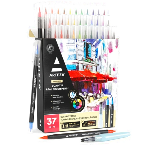 Arteza Real Brush Pens, 36 Dual-Tip Watercolor Markers with Flexible Nylon Brush Tips, Professional Watercolor Pens for Painting, Drawing, Coloring with Water Brush Set of 36