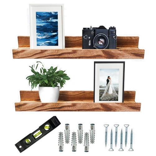 Wallie Shop Picture Ledge Shelf - Set of 2 Wooden Floating Photo Ledge - 16 Inches Long with Shelf Rail - Mounting Hardware & Level Included - Enhance Decor & Storage with Wall Shelves for a Space Saving Solution