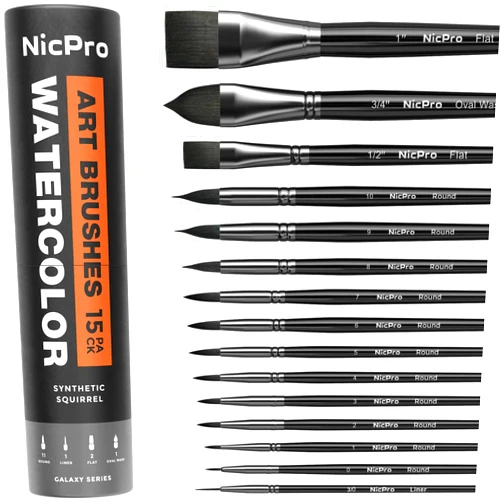 Nicpro 15PCS Watercolor Paint Brush Set, Professional Watercolor Paint Brushes, Soft Synthetic Fine Squirrel Hair, Round, Flat, Dagger, Wash for Adult, Artist, Water Color, Gouache - with Holder & Bag