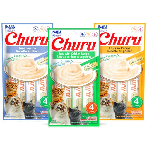 INABA Churu Lickable Purée Natural Cat Treats Tuna & Chicken 3 Flavor Assortment of 12 Tubes