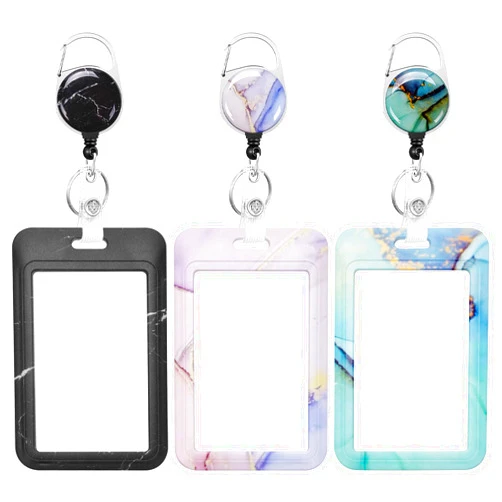 ZHEMEILU 3 Pack Heavy Duty Badge Holder with Retractable Reel, ID Name Tag Worker Badge Carabiner Clip Vertical Card Protector Cover Case for Key Office Doctor Nurse Medical Student Teacher (3 PCS Marble)