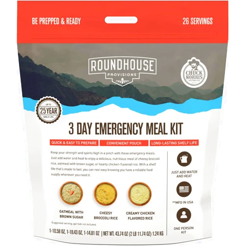 ROUNDHOUSE PROVISION 3 Day, 26 servings Emergency Meal Kit, Grab-and-Go, Premade, Disaster Prep, Hiking, Survival, Adventure, Camping Food, 25 Year Shelf Life.