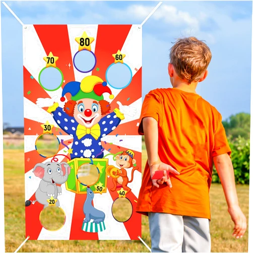 RGISHOP Carnival Toss Game Clown Banner with 3 Bean Bags Carnival Games for Kids and Adults Carnival Circus Toss Game for Birthday Halloween Carnival Party Fun Throwing Indoor Outdoor