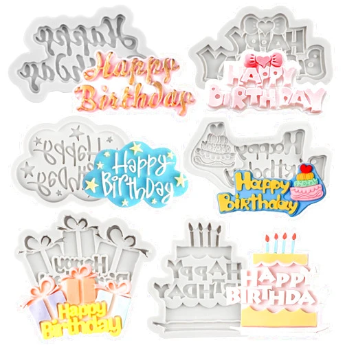 MYPRACS Happy Birthday Silicone Molds Birthday Alphabet Fondant Silicone Mold Letters Silicone Fondant Cake Molds For DIY Cake Decorating Candy Chocolate Gum Paste Polymer Clay Set Of 6