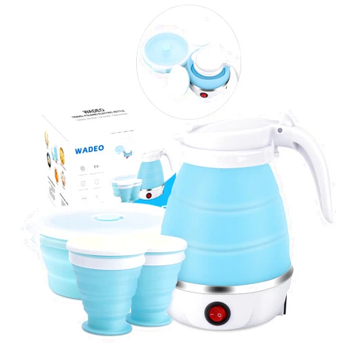 WADEO Portable Electric Kettle Travel Size, 600ML Small Foldable Tea Coffee Kettle with Collapsible Bowl and Cups, 5 Min Fast Water Boiling, BPA Free Food Grade Silicone, 110V 400W