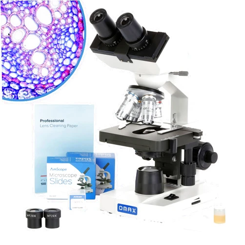 OMAX M82E Series LED Binocular Compound Lab Microscope - 40X-2000X Magnification - Microscope Kit with 100 Blank Slides & Cover Slips