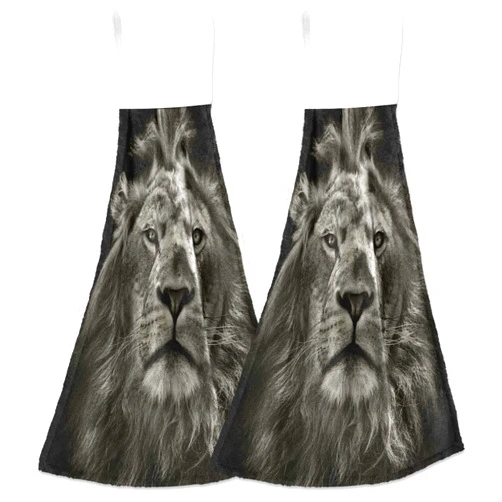 visesunny Lion Animal 3D Print Hanging Tie Towels 2 Pack Kitchen Hand Towels Dishcloths Sets with Loop Soft Cotton Absorbent Hand Towels for Bathroom Gym Restaurant Hotel BBQ Machine Washable