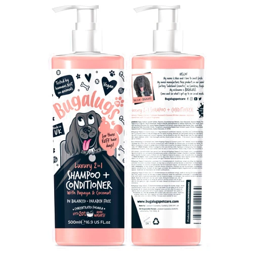 BUGALUGS Dog Shampoo Luxury 2 in 1 Papaya & Coconut dog grooming shampoo products for smelly dogs with fragrance, best puppy shampoo, professional groom Vegan pet shampoo & conditioner
