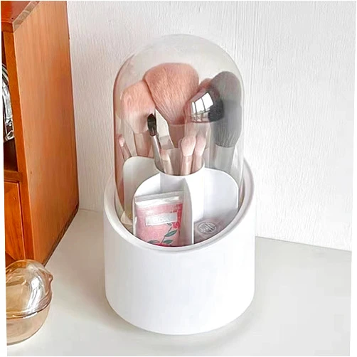 Gttyowyin Makeup Brush Holder Organizer with Lid Makeup Brush Organizer, 365° Rotating Makeup Brush Storage Container Dustfree Cosmetic Display Case, Beauty Tool in Vanity, Bathroom,Dresser (White)