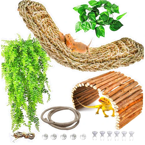 kathson Reptile Hideout Wooden Bridge Bearded Dragon Hammock Reptiles Jungle Climbing Vines Flexible Leaves Bearded Dragon Accessories for Lizard Gecko Chameleon Snake Hamster(5 Pcs)