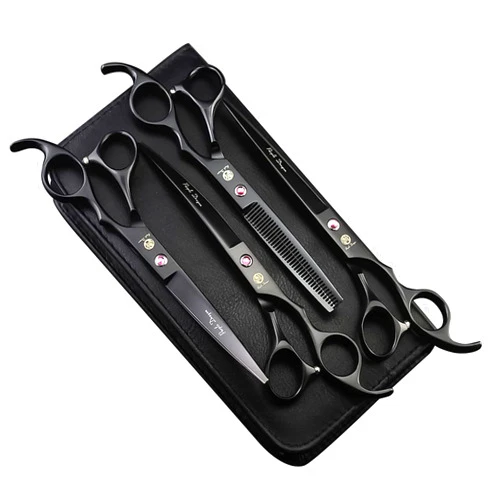 Purple Dragon Professional 7.0 inch 4PCS Pet Grooming Scissors Kit Japan Premium Steel Straight, Curved & Thinning Blade Dog Hair Cutting Shears Set with Case