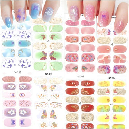 LRKNNO 8 Sheets Butterfly Full Nail Wraps Self-Adhesive Gel Nails Sticker Pink Blue Green White Gel Nail Polish Strips Flash Butterflies Nail Decals Semi Cured Gel Nail Strips for Women Manicure Tips