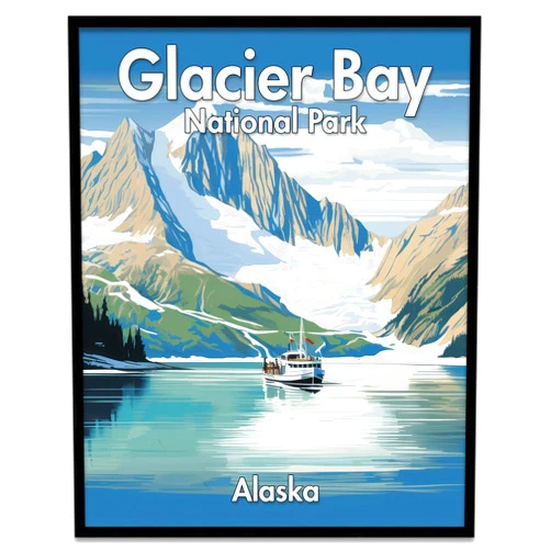 Lone Star Art Glacier Bay National Park, Alaska Vintage - 11x14 Unframed Poster - Majestic Icy Mountains, Tranquil Sea, Elegant Boat, and Soaring Clouds Under the Arctic Blue Sky - A Timeless Illustration of Nature