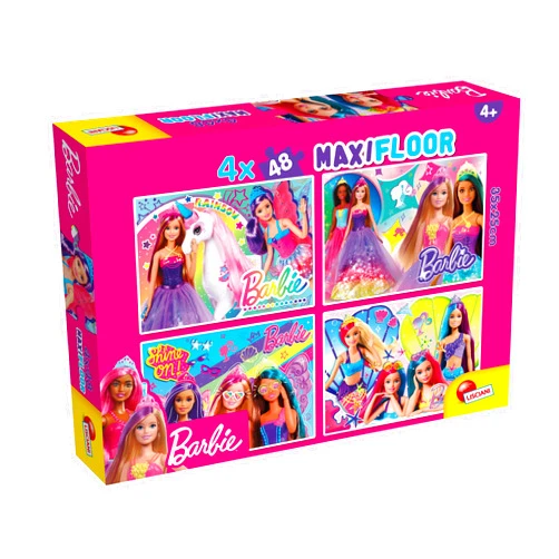 Liscianigiochi LISCIANI - Barbie - Maxifloor Puzzle 4 x 48-4 Puzzles of 48 Pieces - for Children from 4 Years - 35 x 25 cm - Barbie Unicorn, Princesses, Selfie & Mermaid Theme - Educational Game - Made in Italy