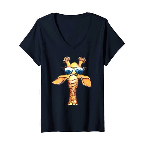 Giraffe Animal Lover With Glasses Mountains Design Womens Giraffe Face Wearing Glasses Mountains Aviator Sunglasses V-Neck T-Shirt