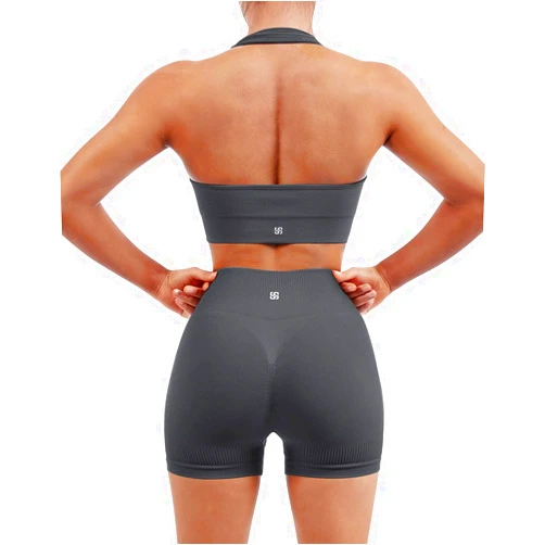SUUKSESS Women Seamless Ribbed Workout Set Backless Sports Bra Booty Biker Short