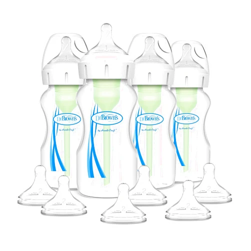 Dr. Brown's Options+ Wide-Neck Anti-Colic Baby Bottle - 9oz - 4pk and Options+ Wide-Neck Baby Bottle Nipple, Level 2 (3 Months+), 6 Count